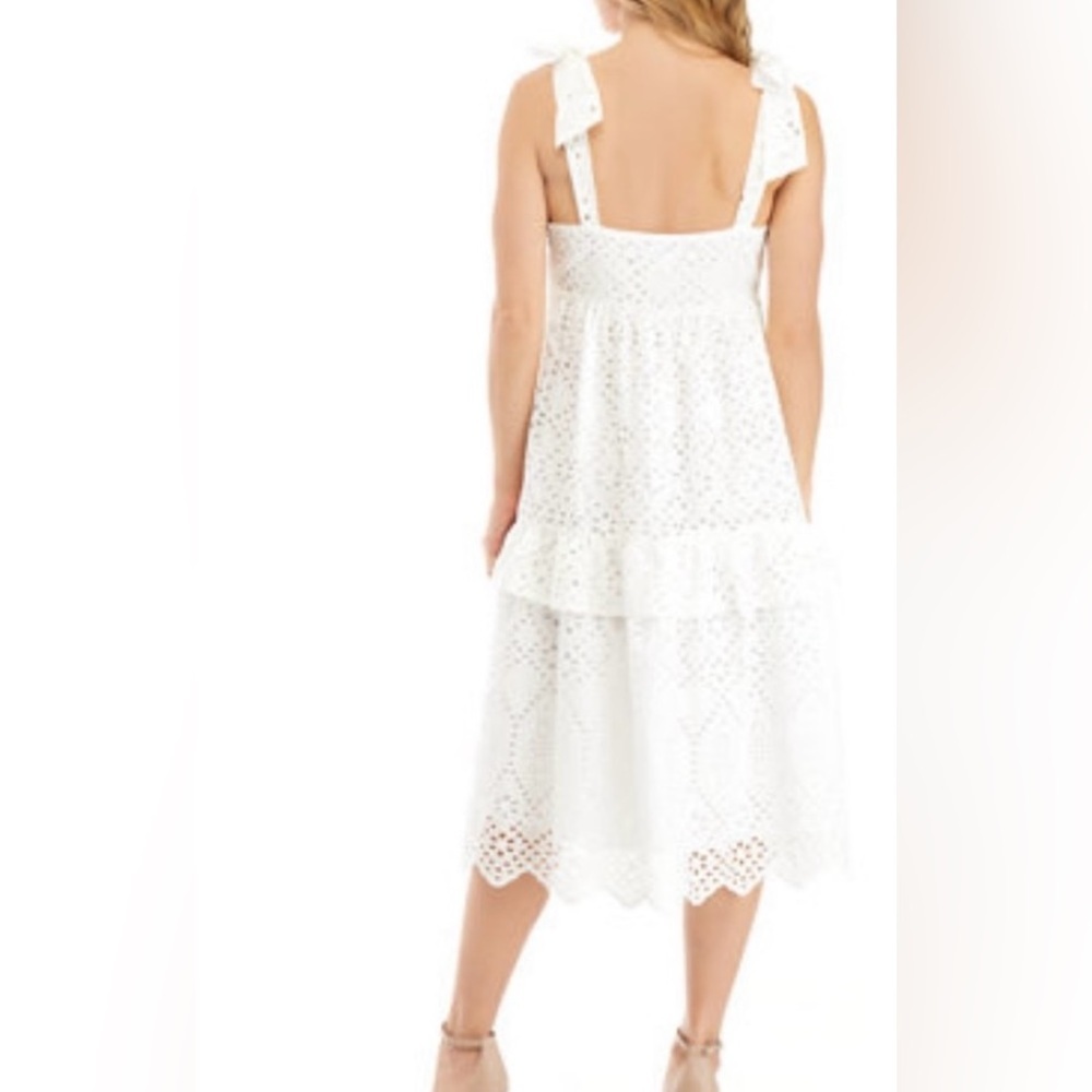 White eyelet sleeveless tiered midi dress, lined, cotton, beach dress, 8 - Picture 2 of 11